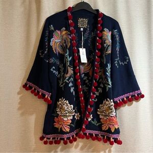 Johnny Was Biya Jurrah Short Kimono Embroidered Pom Pom Cardigan Navy Small NEW